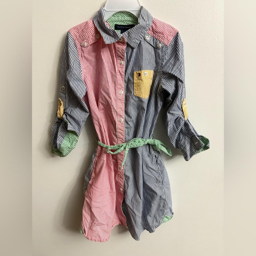 Tommy Hilfiger Pink, Navy & Yellow Striped Shirt Dress with Green Trim